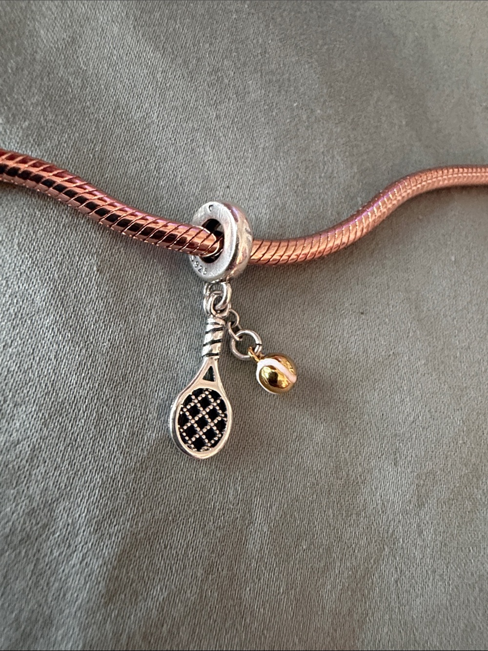 Silver & Gold Tennis Racket & Ball Dangle Charm - Picture 2 of 4